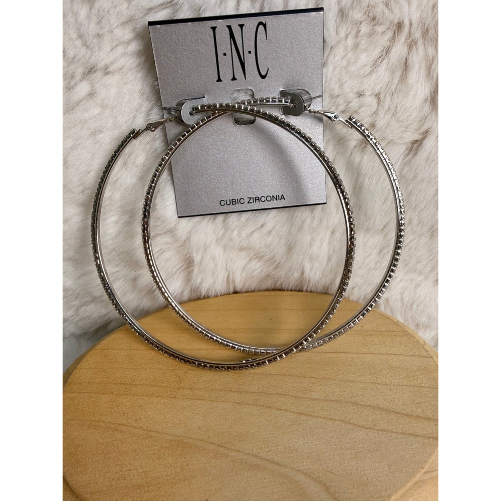 INC International Concepts Silver Tone 90mm Cubic Zirconia Hoop Earrings New